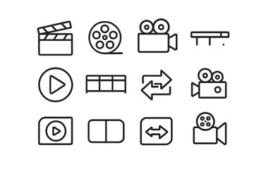 Cinematic Icons Grid. Outline icon set of cinematic time-lapse effects: clapperboard, film reel, video camera,