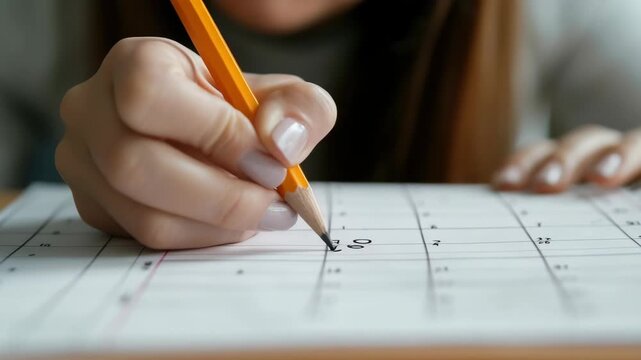 Person writing on calendar with pencil. Organizing tasks and events in a schedule.