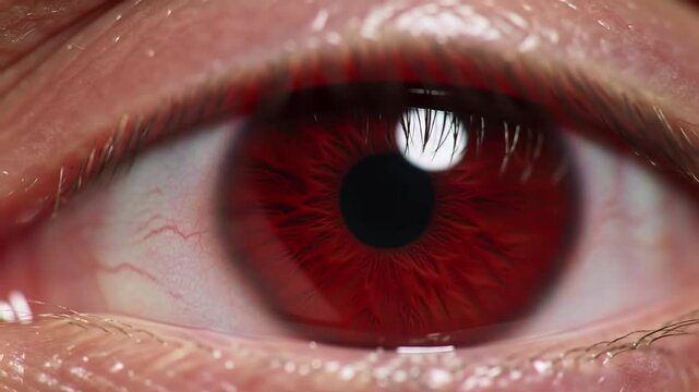 Intense Red Eye Closeup macro of human eye with reflecting dark emotion or vision.