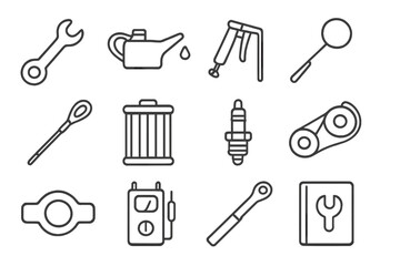 Maintenance Icon Set. Outline icon set of routine maintenance checks: wrench, oil can, grease gun, inspection mirror, dipstick,
