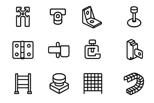 Machine Guarding Icons. Outline icon set of Machine guarding & frames: T-slot aluminum profile, T-nut, corner bracket, leveling