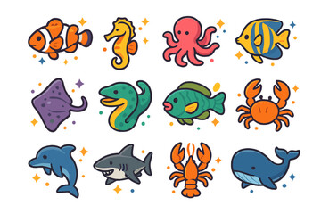 Fototapeta premium Isometric Marine Icons. Colorful isometric vector icons set of tropical marine animals: clownfish, seahorse, octopus, angelfish,
