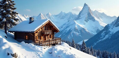 Cozy chalet nestled in the majestic Alps, surrounded by snow-capped peaks, perfect for a mountain climbing adventure Imagine breathtaking views and exhilarating climbs , holiday, trees, Italy