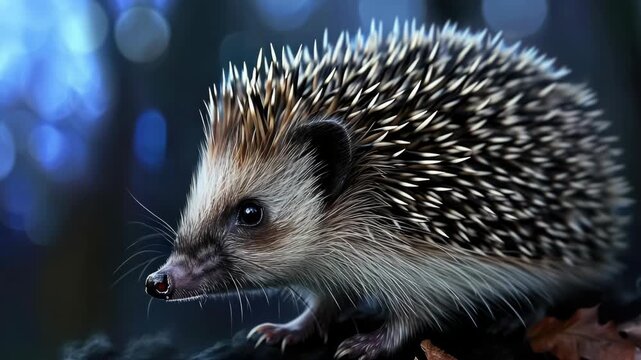 Close-up of cute hedgehog on tree branch.