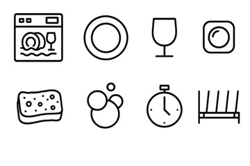 Dishwasher Icon Set. Outline icon set of dishwasher use: dishwasher, plate, glass, detergent pod, sponge,