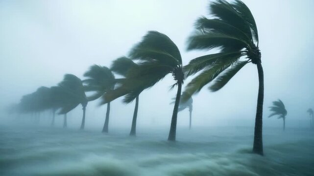 Strong winds blowing through a palm grove during a hurricane.