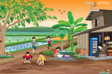 Children are playing marbles in front of a small shop at the countryside.