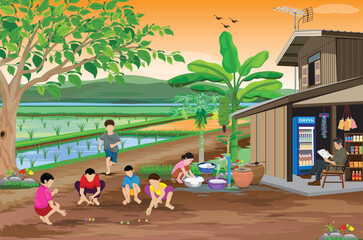 Children are playing marbles in front of a small shop in the countryside.