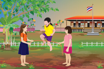 Three girls are playing jump rope in front of the school building.vector design