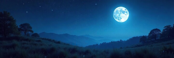 Serene night scene featuring a bright full moon illuminating a landscape, perfect for astronomy themes  Stars are visible in the dark sky, creating a magical, celestial backdrop ,  light,  awe