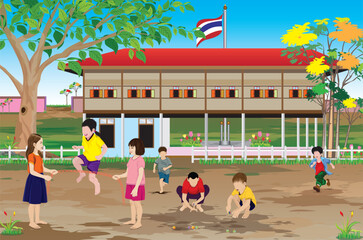 Three girls are playing jump rope, several boys are playing marbles behind the school building.