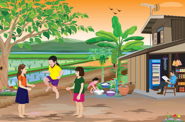 Three girls are having fun playing jump rope in front of a small shop in the countryside.