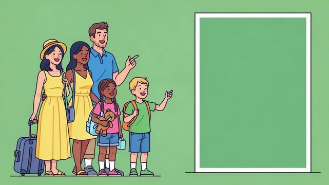 Family vacation anticipation a diverse group of travelers points towards their destination with luggage and excitement in a vibrant cartoon animation.