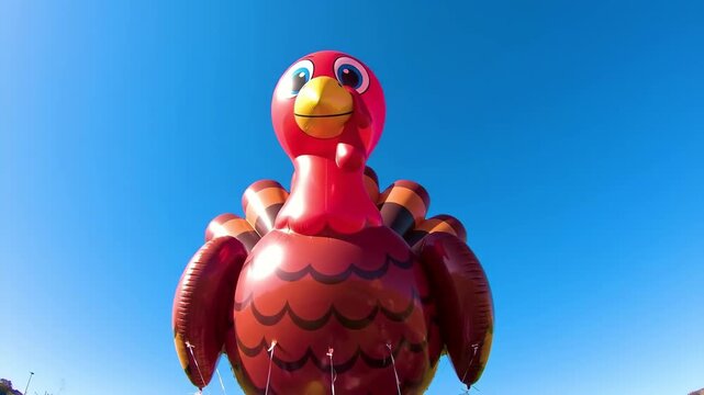 Giant Thanksgiving Turkey Balloon Floats in Clear Blue Sky