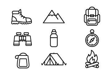 Outdoor Activity Icons. Outline icon set of Outdoor activities for wellness: hiking boots, mountain, tent,