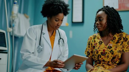 Women's health checkup in a clinical setting with a woman doctor and a patient reviewing medical records. - Powered by Adobe