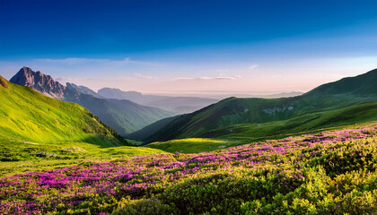 Green And Purple Landscape With Mountains And Clear Skies In The Background Beauty Horizon