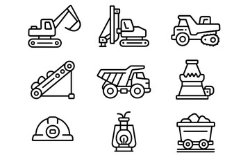 Mining Equipment Icons. Outline icon set of mining equipment: excavator, drilling rig, bulldozer, conveyor belt, haul truck,