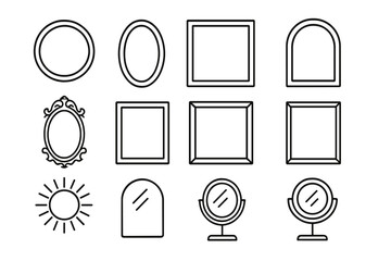 Mirror Frame Icons. Outline icon set of mirror shapes and frames: round mirror frame, oval mirror frame, square mirror frame,