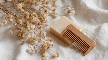Gentle photo of handmade soap, wooden comb, dried flowers on textured cloth