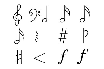 Musical Icon Grid. Outline icon set of musical notes and symbols: treble clef, bass clef, quarter note, eighth note, sixteenth