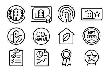 Net-Zero Certification Icons. Outline icon set of net-zero building certification: LEED badge, BREEAM certificate, WELL standard,