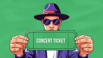 Shady character in hat and sunglasses holding concert ticket with a green background, ideal for event promotion or entertainment industry visuals
