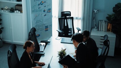 Business people sitting at seat and prepare for meeting at whiteboard with colorful sticky notes and mind map. Professional diverse group talking about marketing plan at meeting room. Directorate. - Powered by Adobe