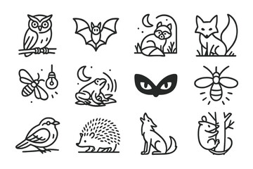Obraz premium Nighttime Survival Icons. Outline icon set of Nighttime survival strategies: owl on branch, bat in flight, raccoon in moonlight,