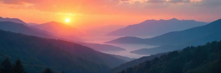 Fototapeta premium Serene sunrise over a misty mountain range, embodying spiritual connection with nature's tranquility Perfect for meditation, yoga, and mindfulness themes , sunrise, ethereal, mindfulness