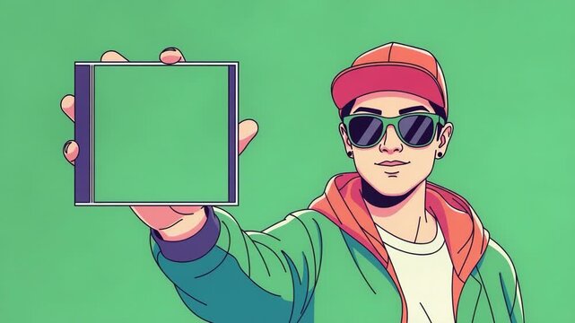 Stylish young man in a cap and sunglasses holds up a blank green CD case in a cartoon style against a green backdrop, perfect for music promotion.