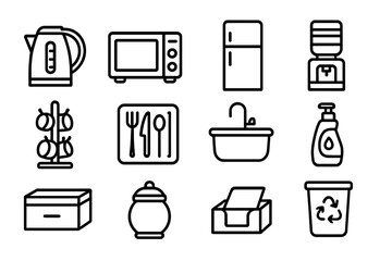 Office Kitchen Icons. Outline icon set of shared office kitchen items: kettle, microwave, fridge, water cooler, mug rack, cutlery