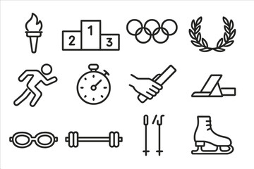 Olympic Icons Grid. Outline icon set of Olympic achievements: Olympic torch, medal podium, five rings symbol, laurel crown,