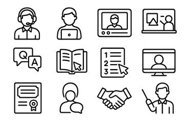 Online Tutoring Icons. Outline icon set of online tutoring and guidance: tutor with headset, student with laptop, video call