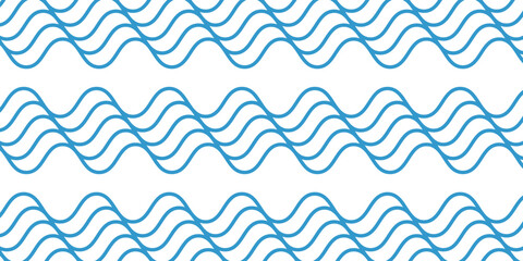 Waves print. Repeated blue curvy lines on white background. Ocean, sea, lake or river pattern. Water texture. Maritime ornament. Summer wallpaper. Swimming pool iquid. Vector flat illustration.