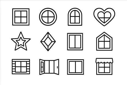 Playhouse Window Icons. Outline icon set of Playhouse window designs: square window, round window, arched window, heart-shaped