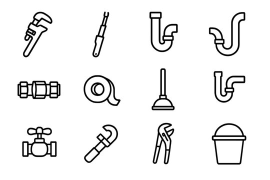 Plumbing Tools Icons. Outline icon set of Plumbing fixes: pipe wrench, basin wrench, PVC pipe, copper pipe, compression fitting,