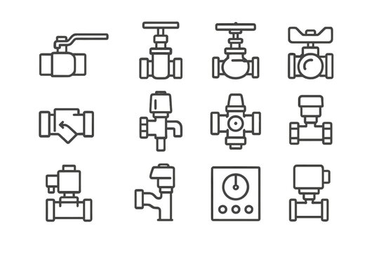 Plumbing Valves Icons. Outline icon set of Commercial plumbing valves and controls: ball valve, gate valve, globe valve, butterfly