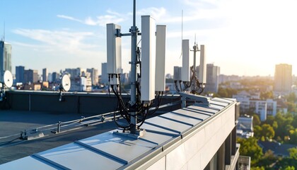 Rooftop cell towers against cityscape