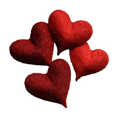 Four red hearts on a black background isolate on white background