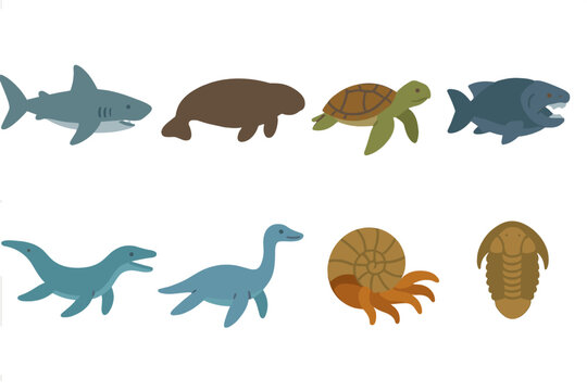 Prehistoric Animal Icons. Flat vector mini-illustrations Prehistoric marine giants in colors children's illustrations: megalodon