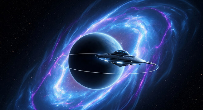 A futuristic UFO gracefully hovers in deep space, orbiting a dark, mysterious planet