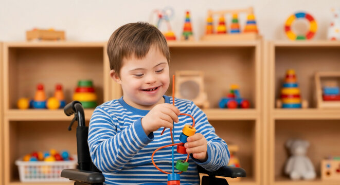 A happy young boy with Down Syndrome is smiling while playing with a colorful bead maze toy in an educational setting