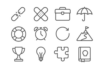 Resilience Icons Set. Outline icon set of Coping with setbacks & resilience: broken link, bandage, toolbox, umbrella, lifebuoy,