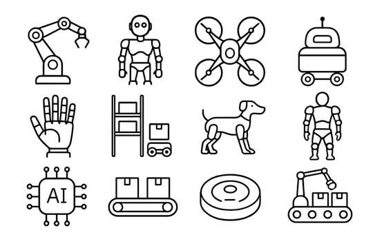Robotics Icon Set. Outline icon set of AI robotics: robotic arm, humanoid robot, drone, delivery robot, robot hand, warehouse