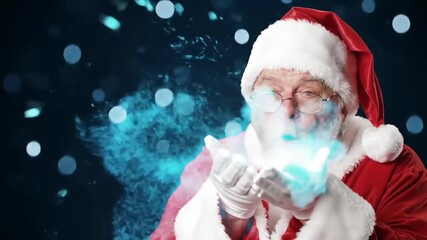 Santa Claus blowing magical snowflakes, a festive winter scene. The jolly man in his classic suit spreads holiday cheer with his breath and creates a winter wonderland with sparkling blue particles - Powered by Adobe