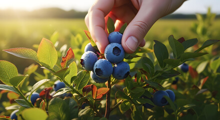 Fresh Blueberry Harvest: Hand Picking Ripe, Juicy Berries in Sunny Field - A Taste of Summer's Bounty and Natural Goodness