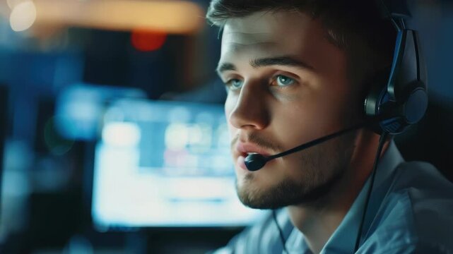 Young man working at a call center, talking on headset.