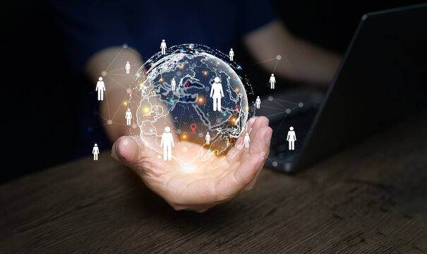 Global business market concept with digital earth, people network, and technology connection, symbolizing worldwide trade, corporate growth, and international communication. - Powered by Adobe