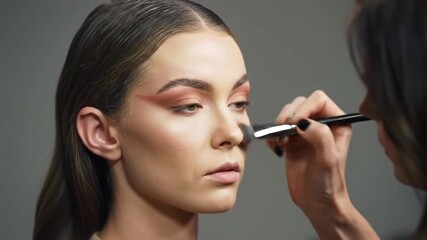 Skilled makeup artist in a professional studio setting applies contour powder with a soft brush to the cheek of a model, perfecting her glamorous and sophisticated makeup look - Powered by Adobe
